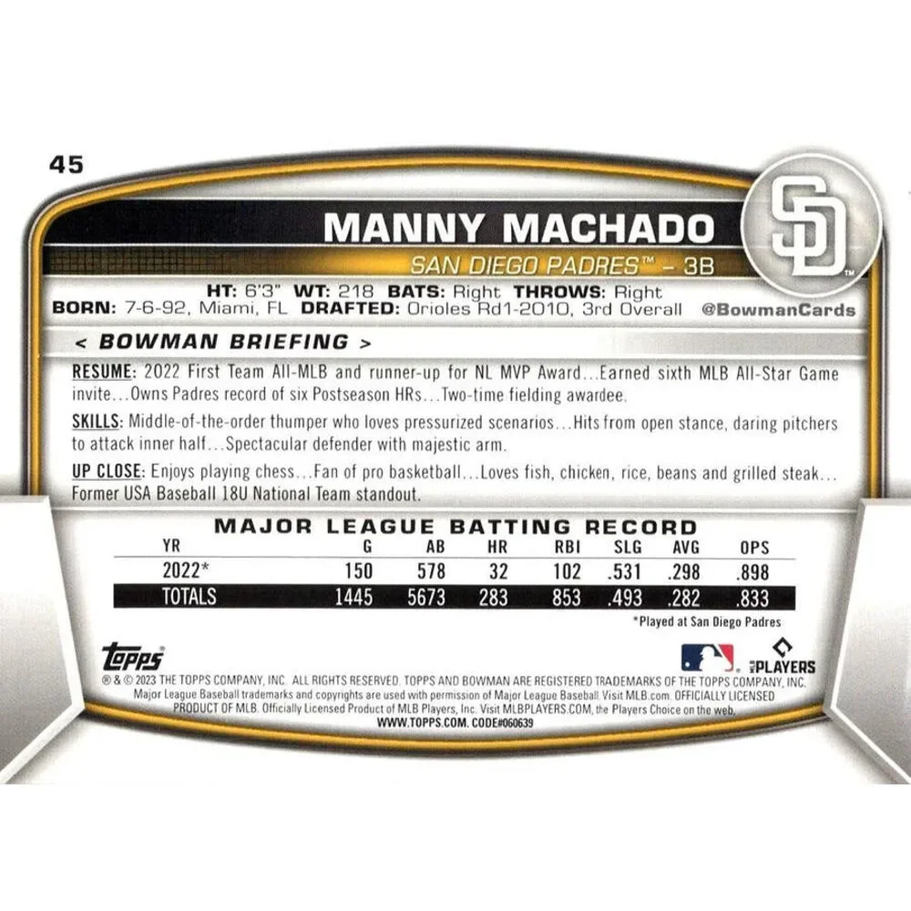 2023 Bowman Manny Machado #45 San Diego Padres